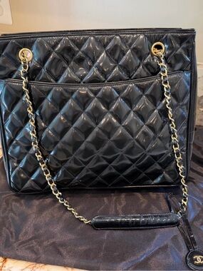 CHANEL Black Quilted Patent Leather Chain-Handle Hobo